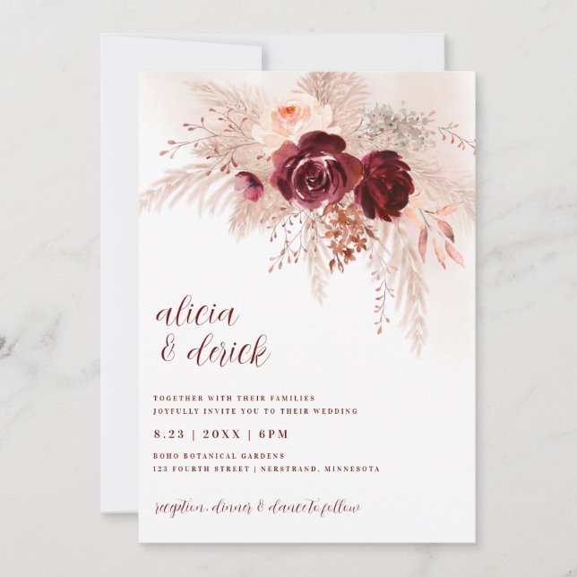 Boho Pampas Grass Burgundy Roses Wedding Invitation (Front)