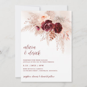 Boho Pampas Grass Burgundy Roses Wedding Invitation