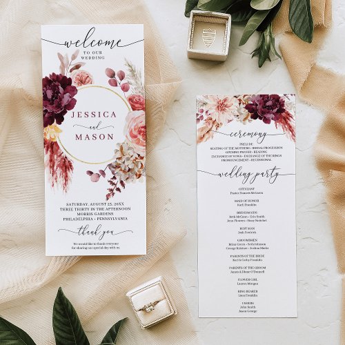 Boho Pampas Grass Burgundy Wedding Program