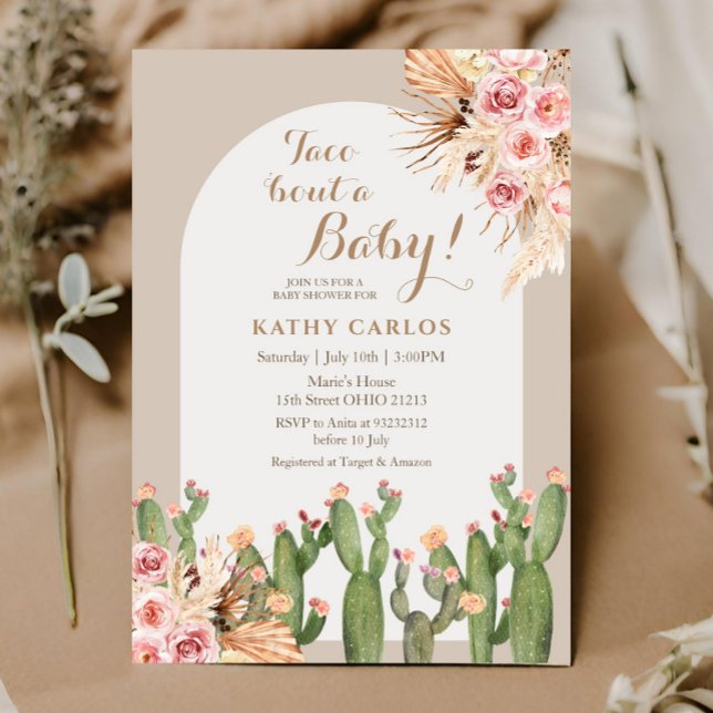 Boho Pampas Grass Cactus Taco ‘Bout A Baby   Invitation (Creator Uploaded)