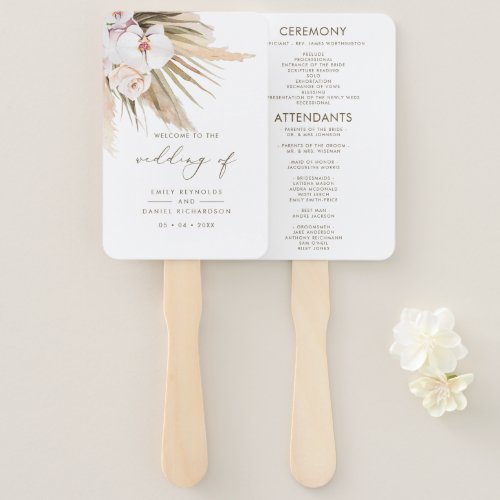 Boho Pampas Grass  Calligraphy Wedding Program Hand Fan