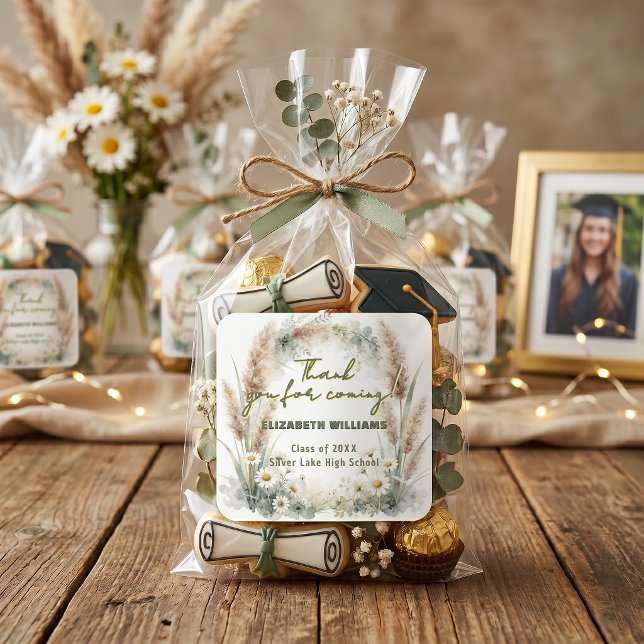 Boho Pampas Grass Daisy Graduation Thank You Favor Square Sticker (Creator Uploaded)