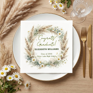 Boho Pampas Grass Daisy Watercolor Graduation Napkins