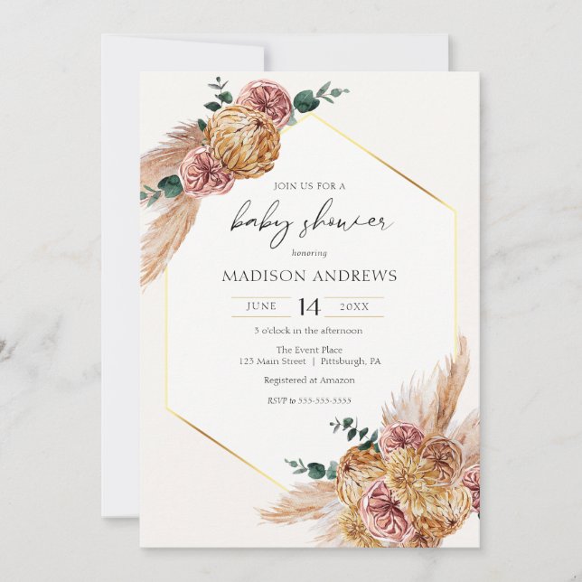 Boho Pampas Grass Dried Bouquet Baby Shower Invitation (Front)