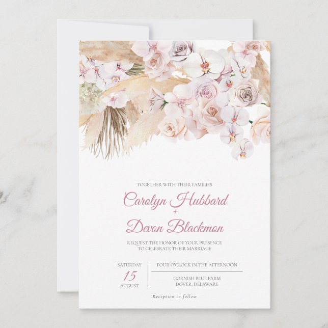 Boho Pampas Grass Dried Floral Blush Rose Wedding  Invitation (Front)