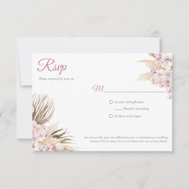 Boho Pampas Grass Dried Floral Blush Rose Wedding  RSVP Card (Front)