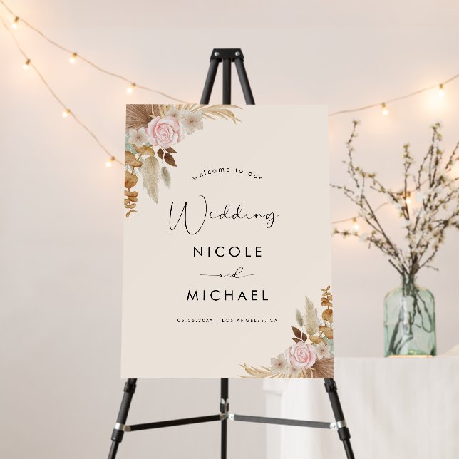 Boho Pampas Grass Dried Floral Wedding Welcome Foam Board (In Situ (Stand))