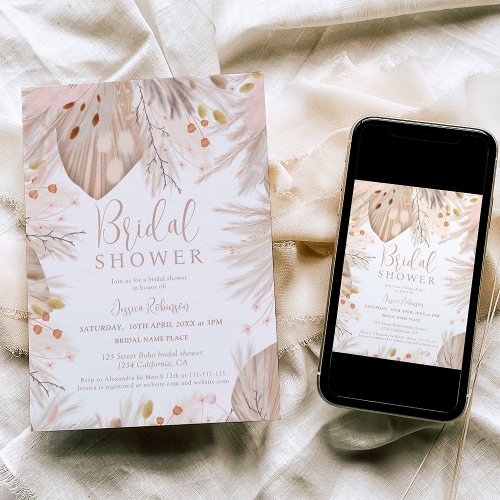 Boho pampas grass dried flowers bridal shower invitation