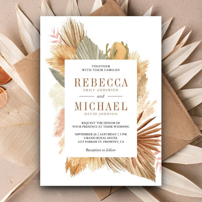 Boho Pampas Grass Dried Palm Leaves Wedding Invitation (Creator Uploaded)