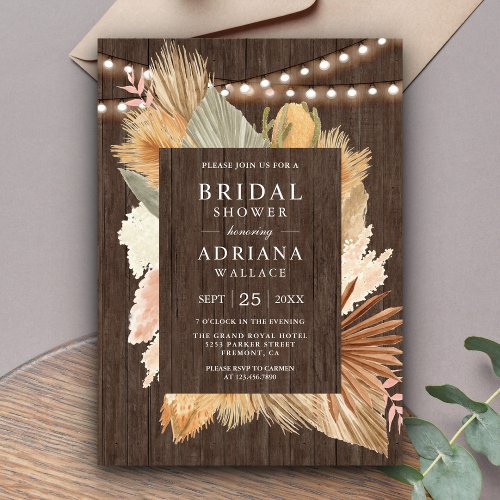 Boho Pampas Grass Dried Palm Wood Bridal Shower Invitation