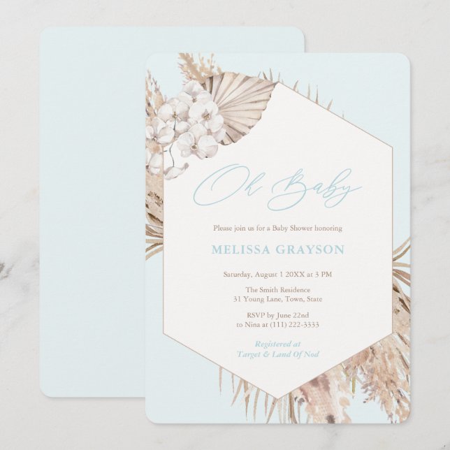 Boho Pampas Grass Dried Palms Boy Baby Shower Invitation (Front/Back)