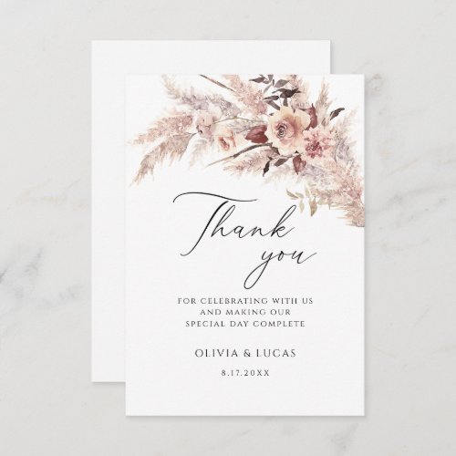 Boho Pampas Grass Dry Flowers Floral Cream Wedding Thank You Card