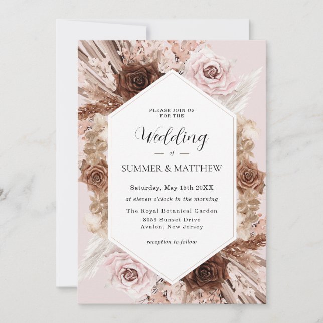 Boho Pampas Grass Dusty Pink Brown Floral Wedding Invitation (Front)