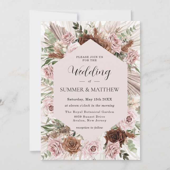 Boho Pampas Grass Dusty Pink Brown Floral Wedding Invitation (Front)