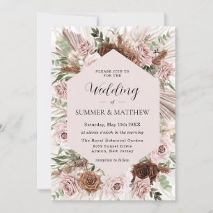 Boho Pampas Grass Dusty Pink Brown Floral Wedding Invitation