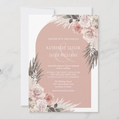 Boho Pampas Grass Dusty Pink Floral Wedding Invitation