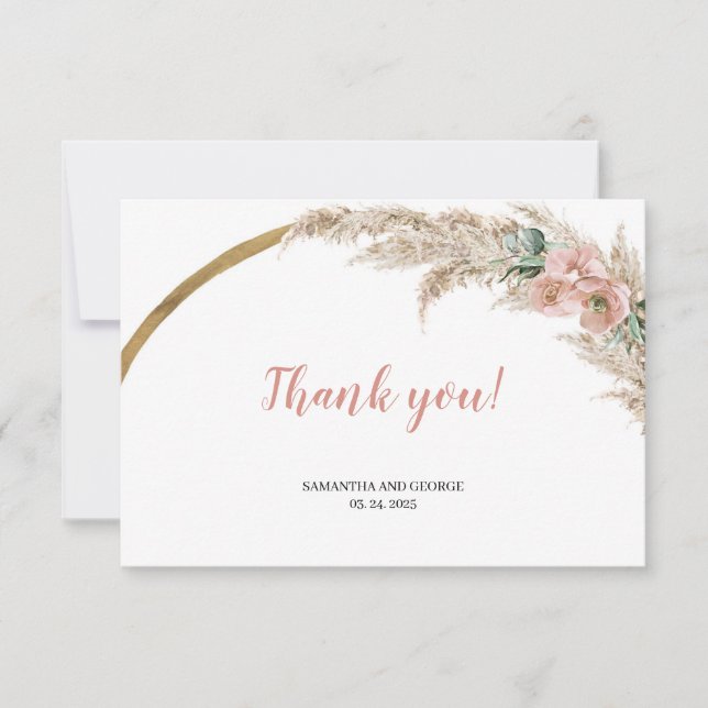 Boho Pampas Grass Dusty Pink Orchid Eucalyptus Thank You Card (Front)