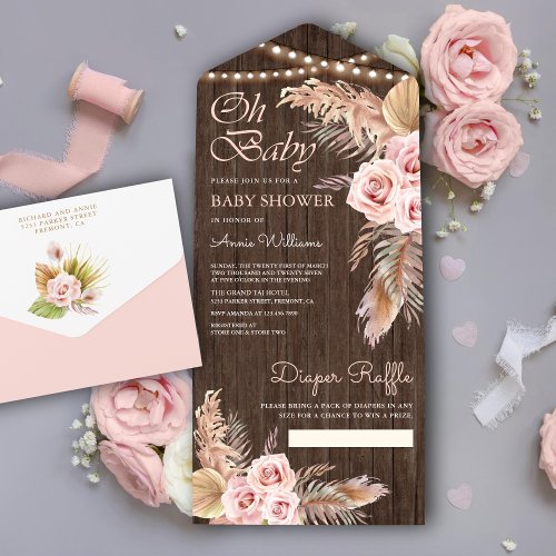 Boho Pampas Grass Dusty Pink Rose Wood Baby Shower All In One Invitation
