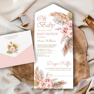 Boho Pampas Grass Dusty Pink Roses Baby Shower All In One Invitation