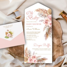 Boho Pampas Grass Dusty Pink Roses Baby Shower All In One Invitation at Zazzle