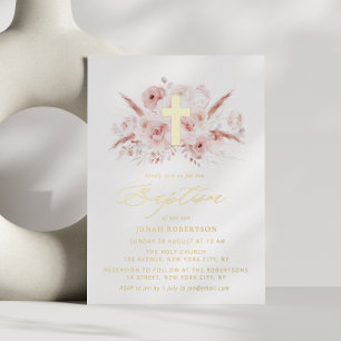 boho pampas grass dusty rose floral cross baptism  foil invitation