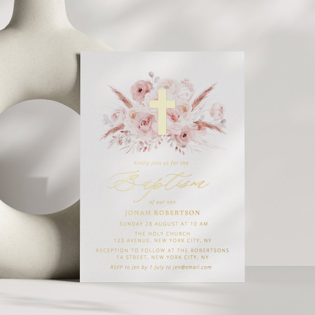boho pampas grass dusty rose floral cross baptism  foil invitation (Creator Uploaded)