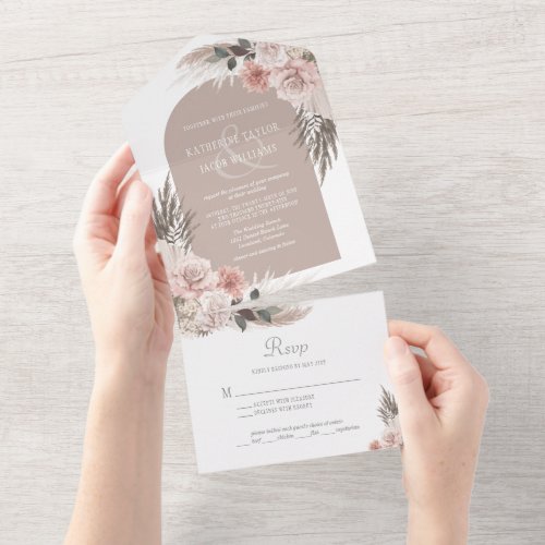 Boho Pampas Grass Earth Tones Floral Wedding All In One Invitation