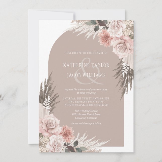 Boho Pampas Grass Earth Tones Floral Wedding Invitation (Front)