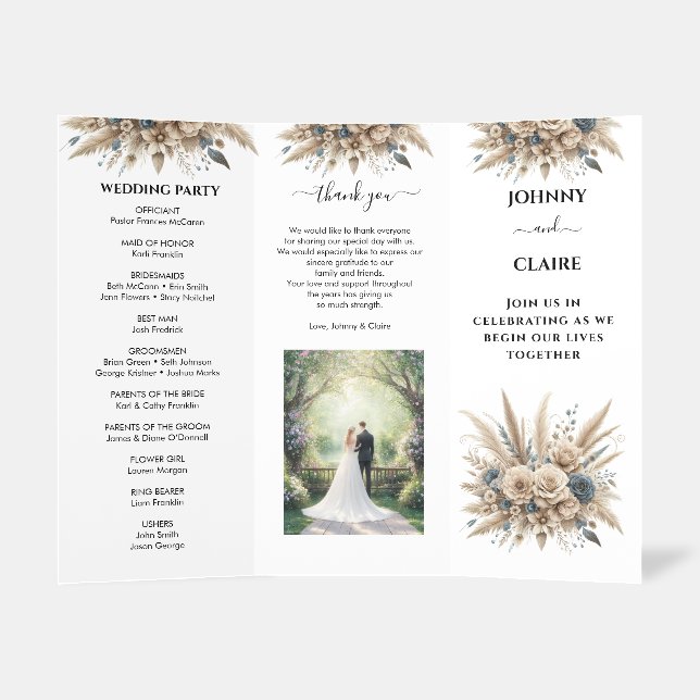 Boho Pampas Grass Elegant Trifold Wedding Program Brochure (Inside Standing)