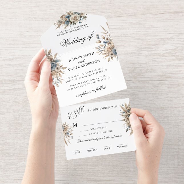 Boho Pampas Grass Elegant Wedding Invitation (Tearaway)