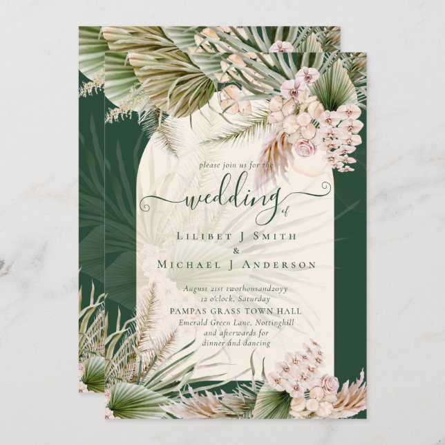 BOHO Pampas Grass Emerald Green Wedding Invitation (Front/Back)