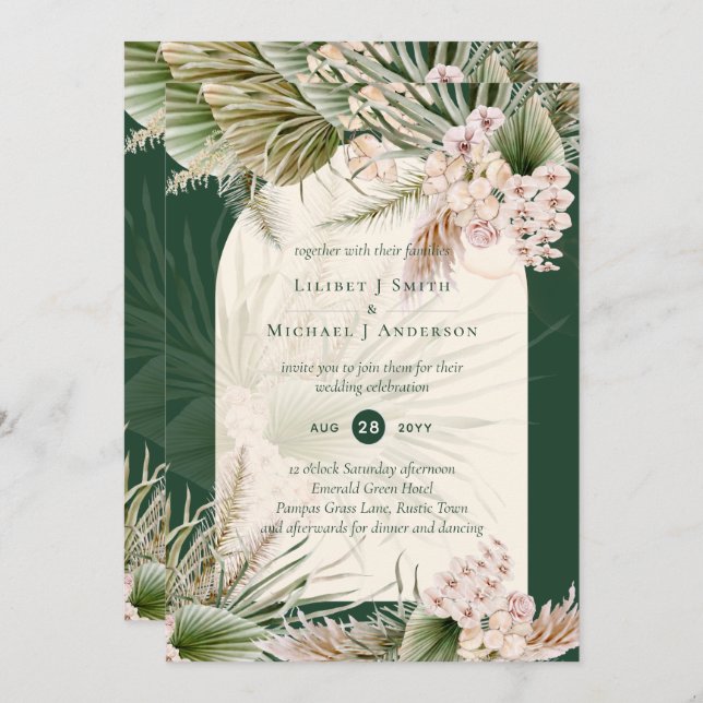 BOHO Pampas Grass Emerald Green Wedding Invitation (Front/Back)