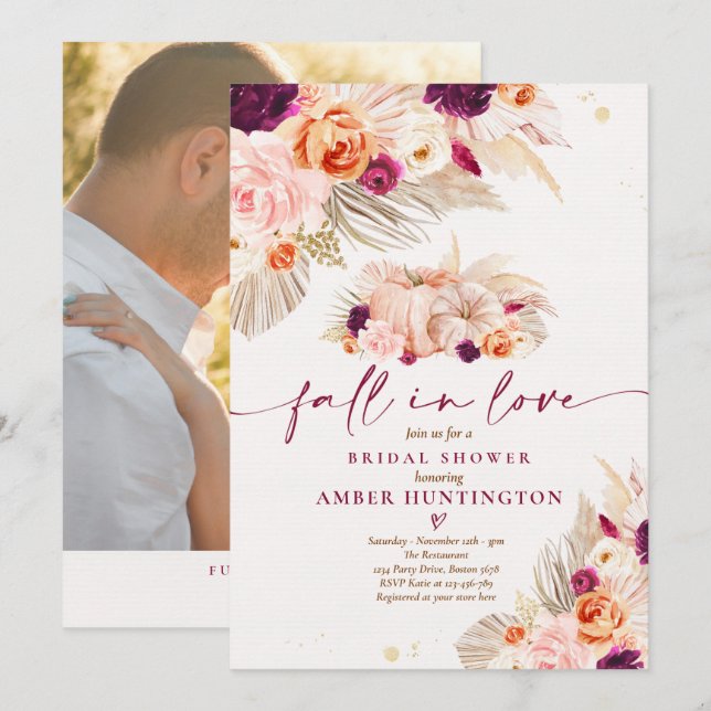 Boho Pampas Grass Fall In Love Bridal Shower Invitation (Front/Back)