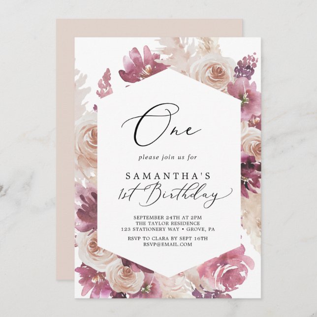 Boho Pampas Grass First Birthday Party Invitation (Front/Back)
