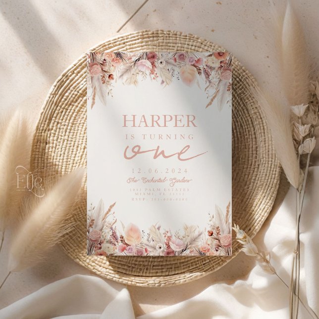 Boho Pampas Grass First Birthday Party Invitation (Boho Pampas Grass 1st Birthday Party Invitation)