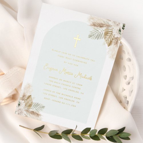 boho pampas grass first communion foil invitation