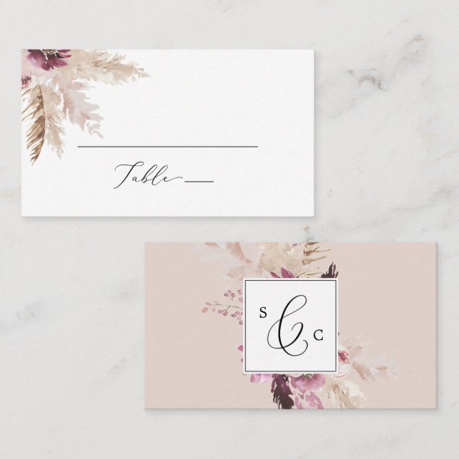 Boho Pampas Grass Flat Wedding Place Card (Front/Back)