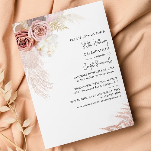 Boho Pampas Grass Floral 80th Birthday Invitation