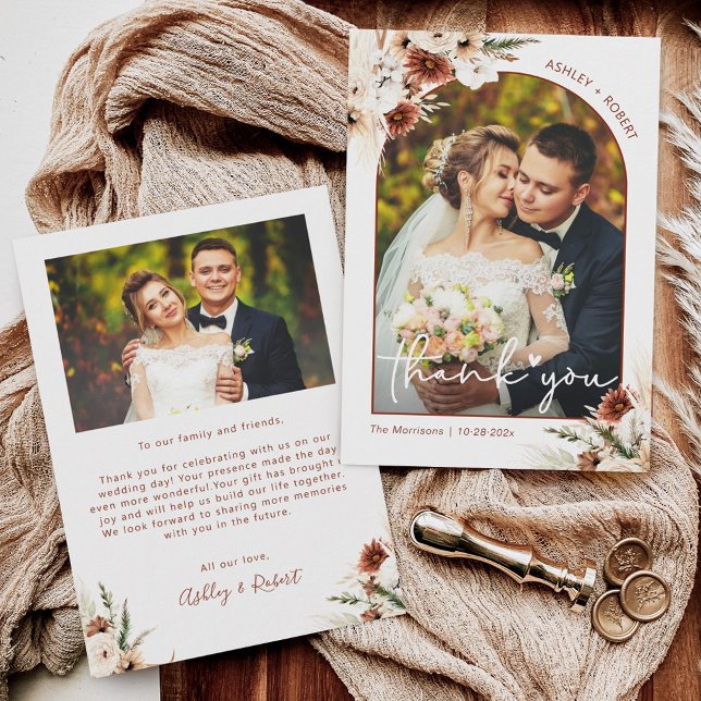 Boho Pampas Grass Floral Arch Wedding Photo Thank You Card (Creator Uploaded)