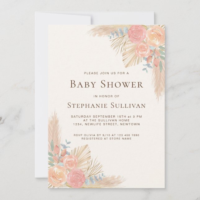 Boho Pampas Grass Floral Baby Shower Invitation (Front)