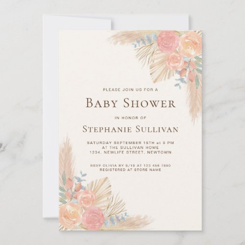 Boho Pampas Grass Floral Baby Shower Invitation