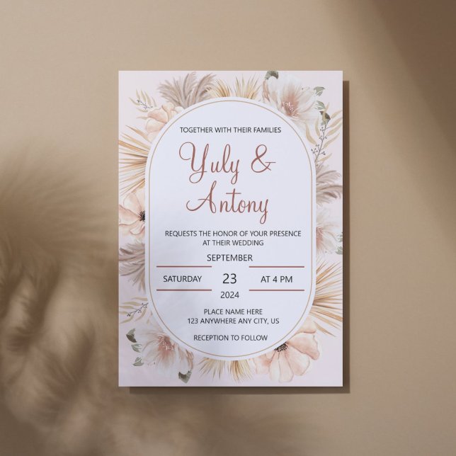 Boho Pampas Grass Floral Border Wedding Invitation (Boho floral wedding invitation featuring a rustic pampas grass and botanical greenery frame.)