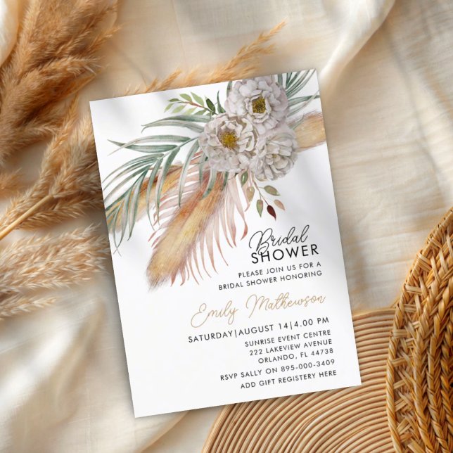 Boho Pampas Grass & Floral Bridal Shower Invitation (Creator Uploaded)