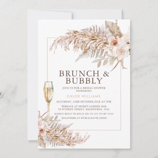 Boho Pampas Grass Floral Champagne Bridal Shower   Invitation (Front)