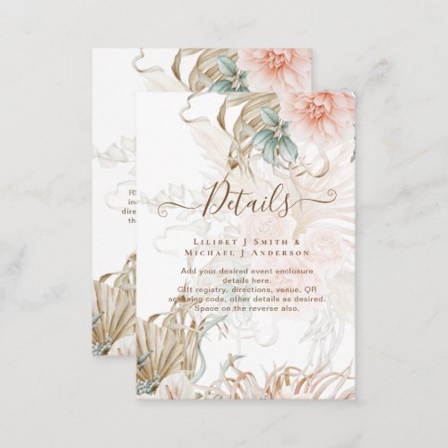 BOHO Pampas Grass Floral Coral Sage Wedding Enclosure Card