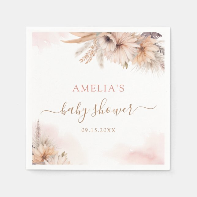 Boho Pampas Grass Floral Desert Girl Baby Shower Napkins (Front)