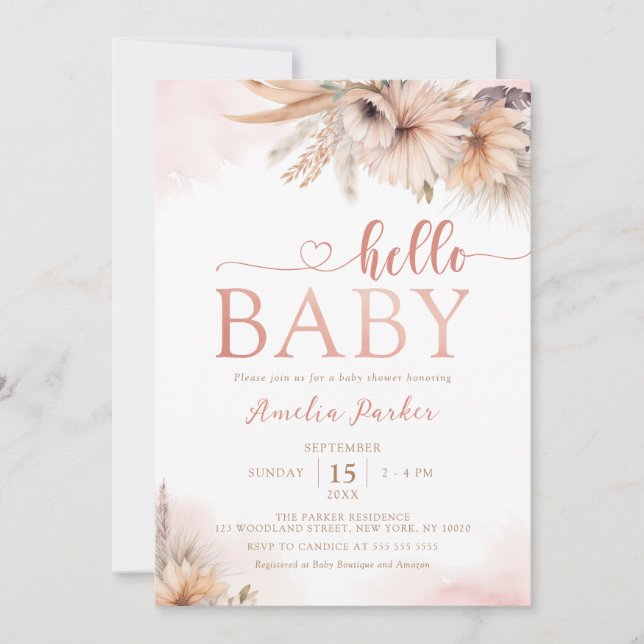 Boho Pampas Grass Floral Desert Hello Baby Shower Invitation (Front)