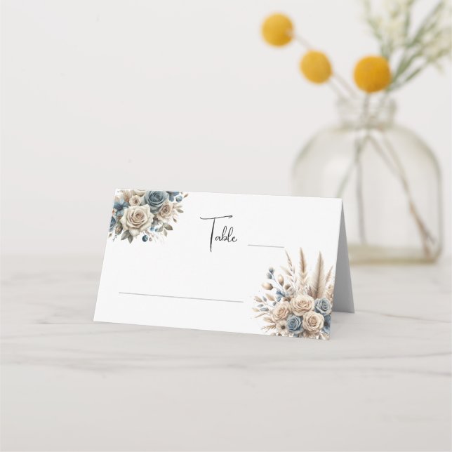 Boho Pampas Grass Floral Dusty Blue, Modern Simple Place Card (Front)