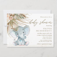 Boho Pampas Grass Floral Elephant Baby Shower Boy Invitation