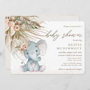 Boho Pampas Grass Floral Elephant Baby Shower Invitation